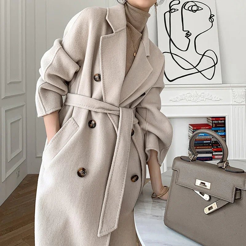 Wollmantel Herbst Winter Hochwertiger zweireihiger doppelseitiger Gürtel Langer einfarbiger Mantel | tif-shop24.de
