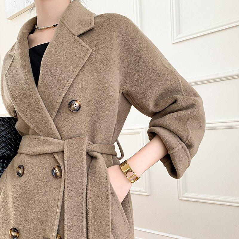 Wollmantel Herbst Winter Hochwertiger zweireihiger doppelseitiger Gürtel Langer einfarbiger Mantel | tif-shop24.de