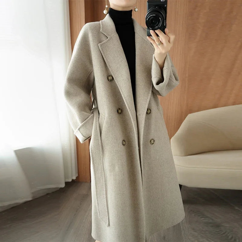 Wollmantel Herbst Winter Hochwertiger zweireihiger doppelseitiger Gürtel Langer einfarbiger Mantel | tif-shop24.de