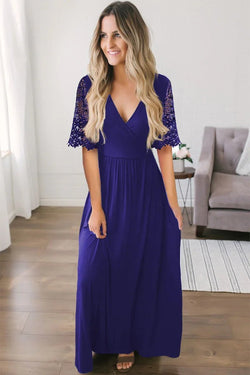 Floral Spitze Halbärmel wickeln V Hals Party lange Maxi-Kleid | tif-shop24.de