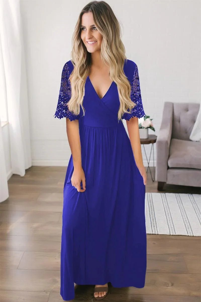 Floral Spitze Halbärmel wickeln V Hals Party lange Maxi-Kleid | tif-shop24.de