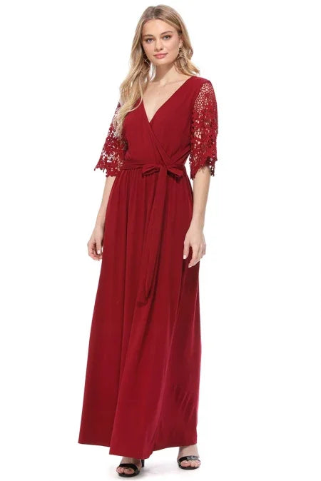 Floral Spitze Halbärmel wickeln V Hals Party lange Maxi-Kleid - tif-shop24.de