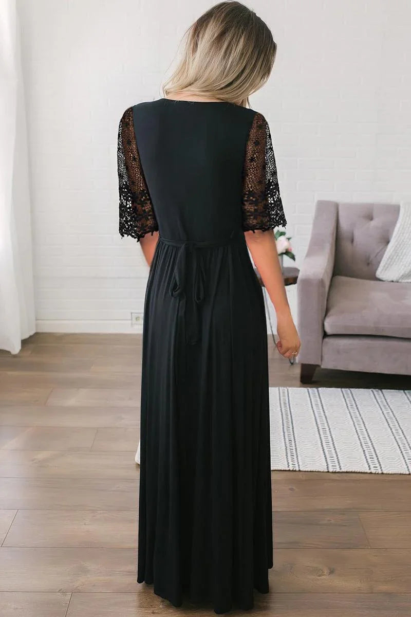 Floral Spitze Halbärmel wickeln V Hals Party lange Maxi-Kleid - tif-shop24.de