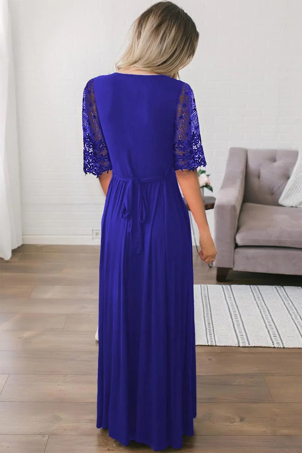 Floral Spitze Halbärmel wickeln V Hals Party lange Maxi-Kleid - tif-shop24.de