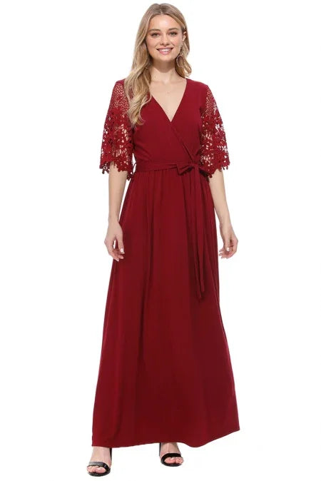 Floral Spitze Halbärmel wickeln V Hals Party lange Maxi-Kleid | tif-shop24.de