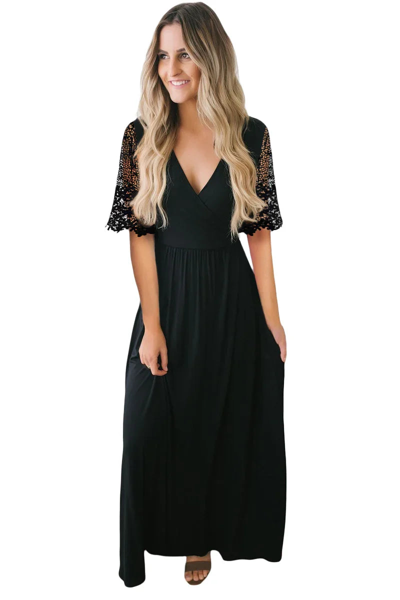 Floral Spitze Halbärmel wickeln V Hals Party lange Maxi-Kleid | tif-shop24.de