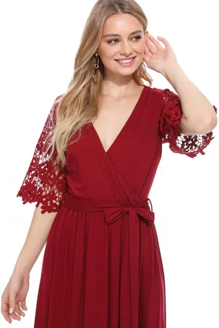 Floral Spitze Halbärmel wickeln V Hals Party lange Maxi-Kleid | tif-shop24.de