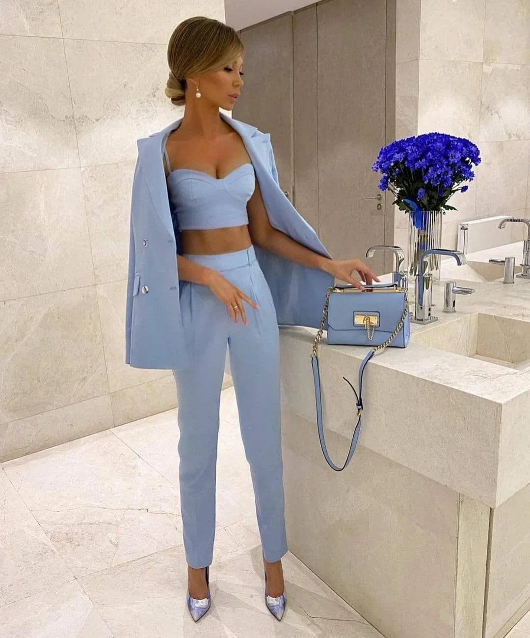 Blau Anzüge Mode Damen Business Blazer Casual Bankett Party Prom Anzug | tif-shop24.de