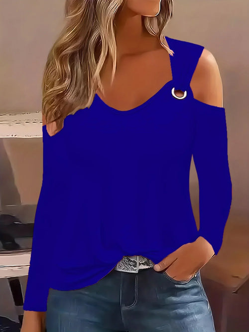 Solides T-Shirt Mit Rundhalsausschnitt Und Ringdetail, Lässiges Langärmliges Oberteil Mit Kalter Schulter | tif-shop24.de
