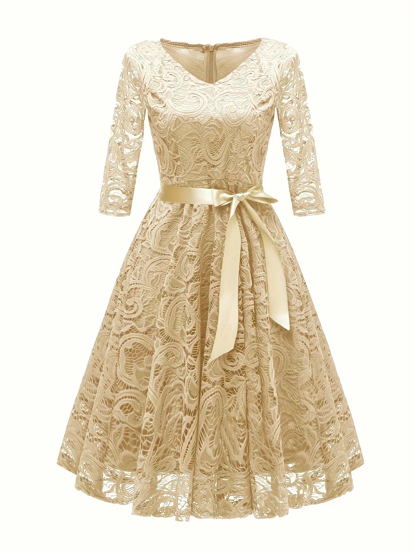 Solid Lace V-Ausschnitt Alien Elegantes Taillen-Swing Für Party & Bankett | tif-shop24.de