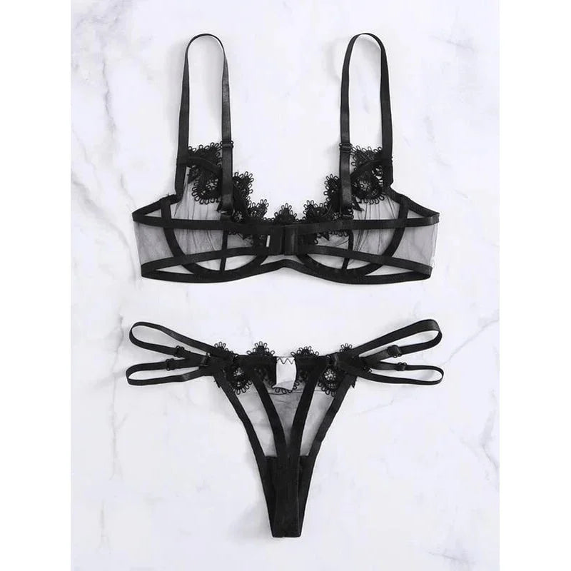 2pcs Sexy Lace Hollow Bra & G-String Lingerie Set — Transparent Bralette | tif-shop24.de