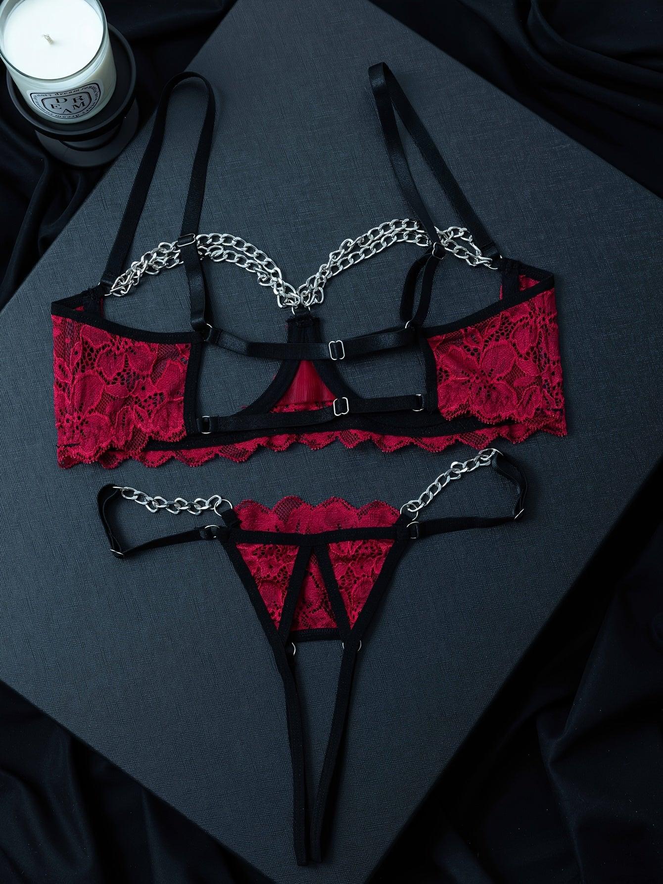 Erotische Dessous-Set Aus Floraler Spitze, Transparenter BH Mit Offener Brust Und Tanga Mit Kettengliedern, Sexy Dessous Und Unterwäsche - tif-shop24.de