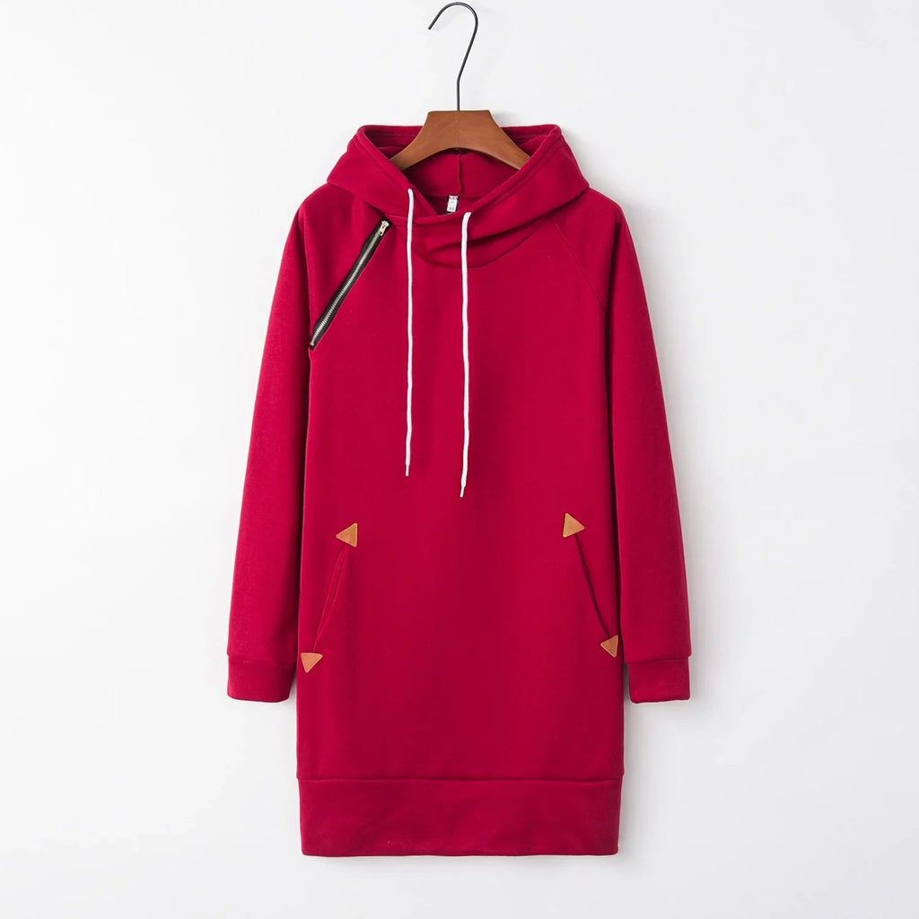 Hoodie Solide Sweatshirt Tasche Kordel Tunika Damen Kleid Langarm Reißverschluss Freizeitkleidung - tif-shop24.de