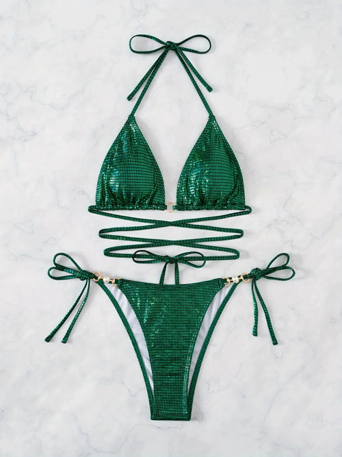 Dunkelgrünes Glitzer-Pailletten-Kreuz 2-teiliges Set Bikini Faux Pearl Link Halter Tie Back Stretchy High Cut Sexy Bademode - tif-shop24.de