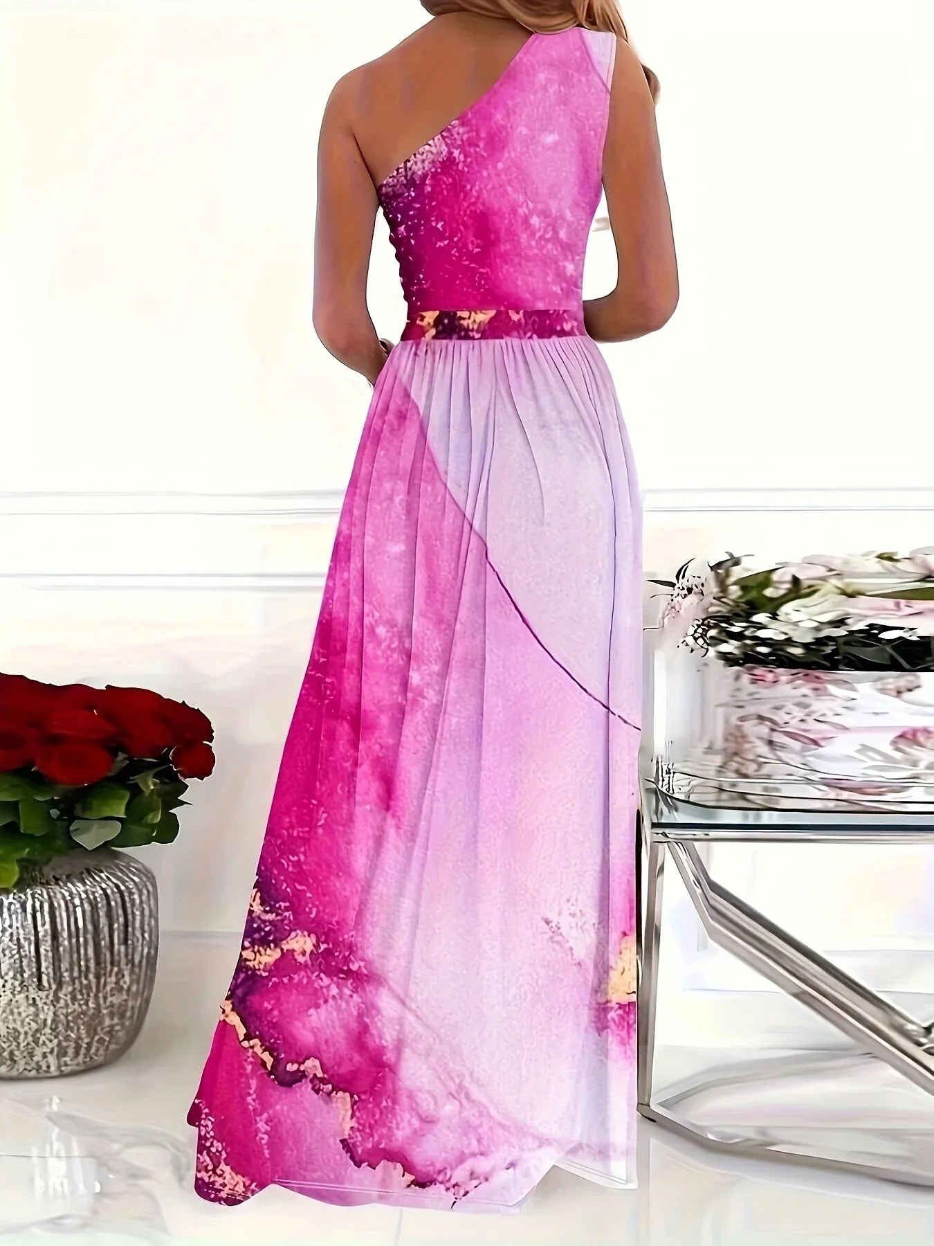 Allover Print Split Thigh Elegantes Cold Shoulder High Waist Sleeveless Dress - tif-shop24.de