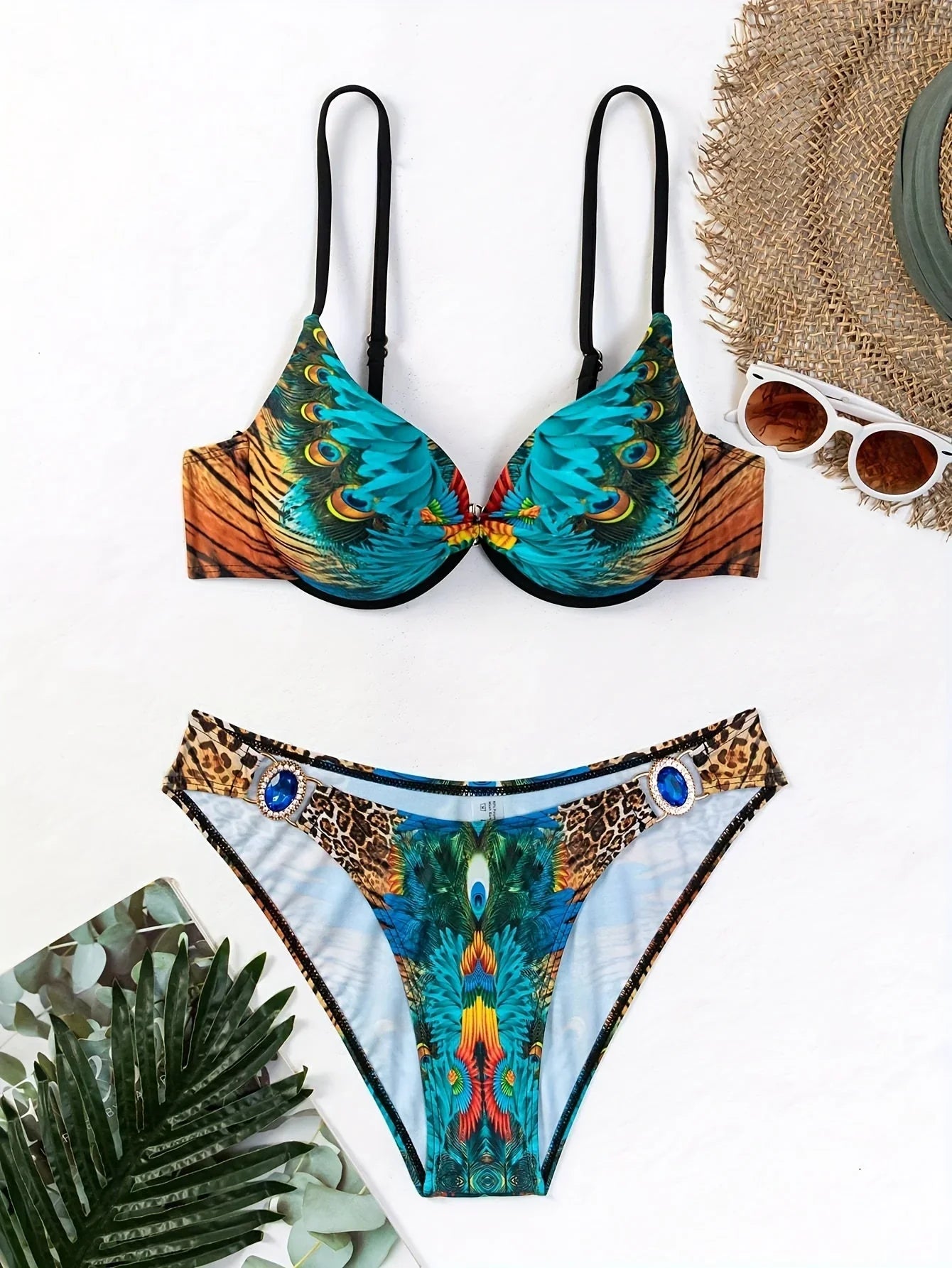 2-teiliges Bikini-Set Mit Strass-Dekor Pfauen-Leoparden - tif-shop24.de