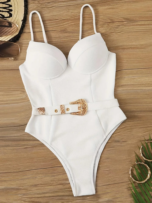 Einteiliger Badeanzug Mit Goldenem Geprägtem Gürteldekor Und Spaghettiträgern, Hochgeschnittener, Einfarbiger Push-up-Badeanzug In Weiß - tif-shop24.de