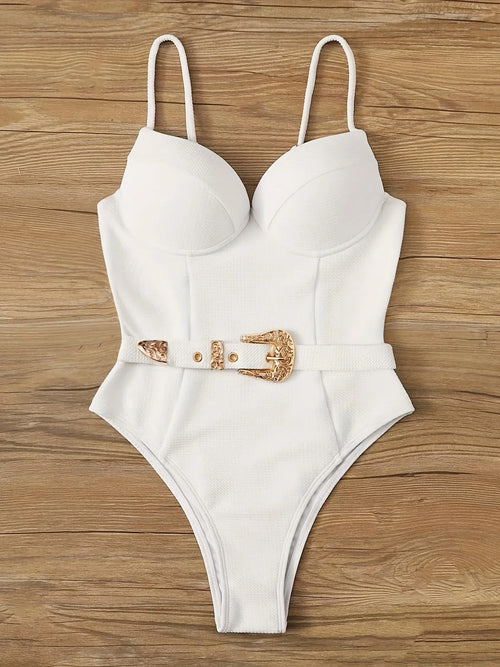 Einteiliger Badeanzug Mit Goldenem Geprägtem Gürteldekor Und Spaghettiträgern, Hochgeschnittener, Einfarbiger Push-up-Badeanzug In Weiß - tif-shop24.de