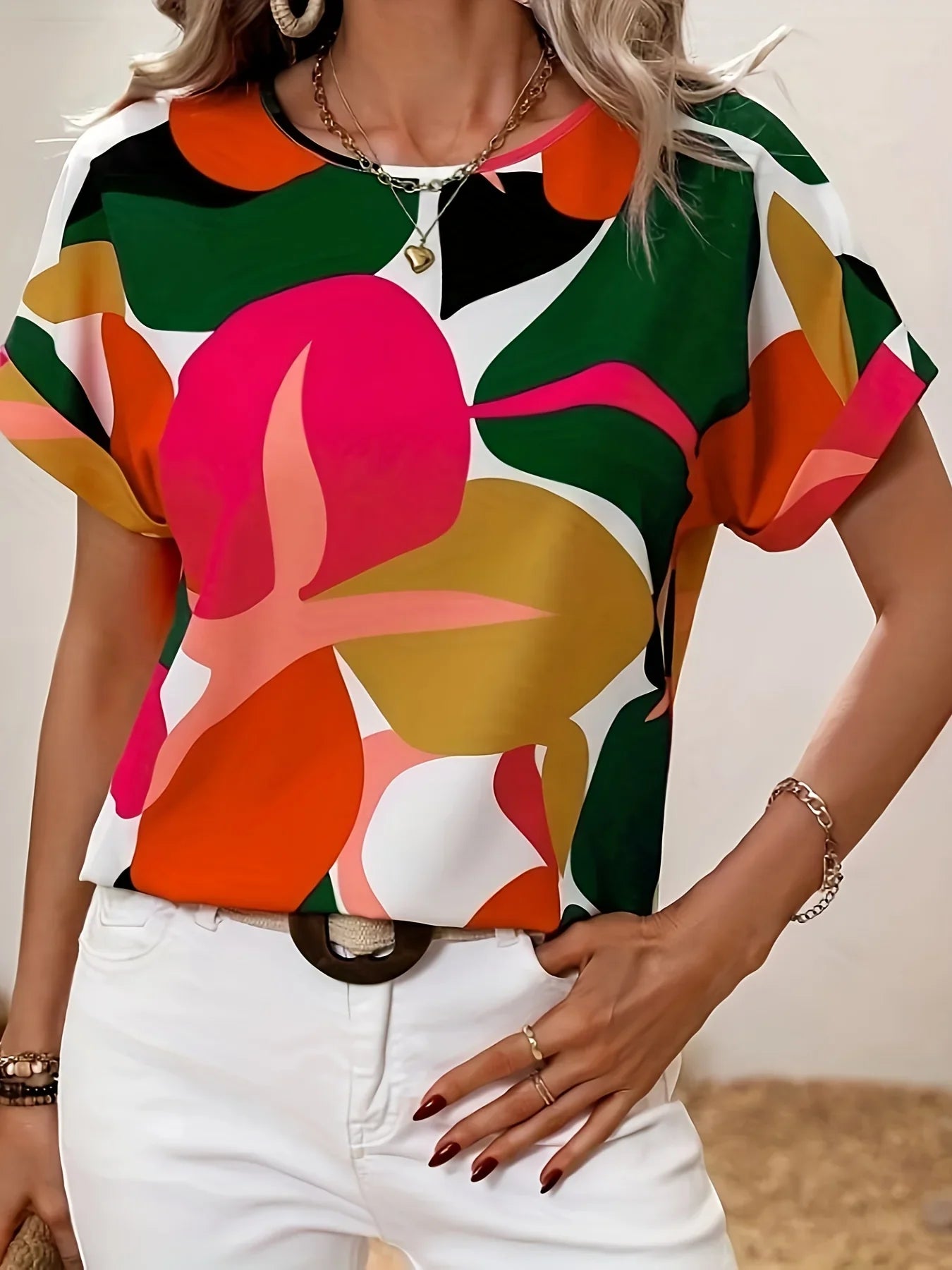 Allover Print Crew Neck Shirt Elegantes Knopf-Kurzarmhemd | tif-shop24.de