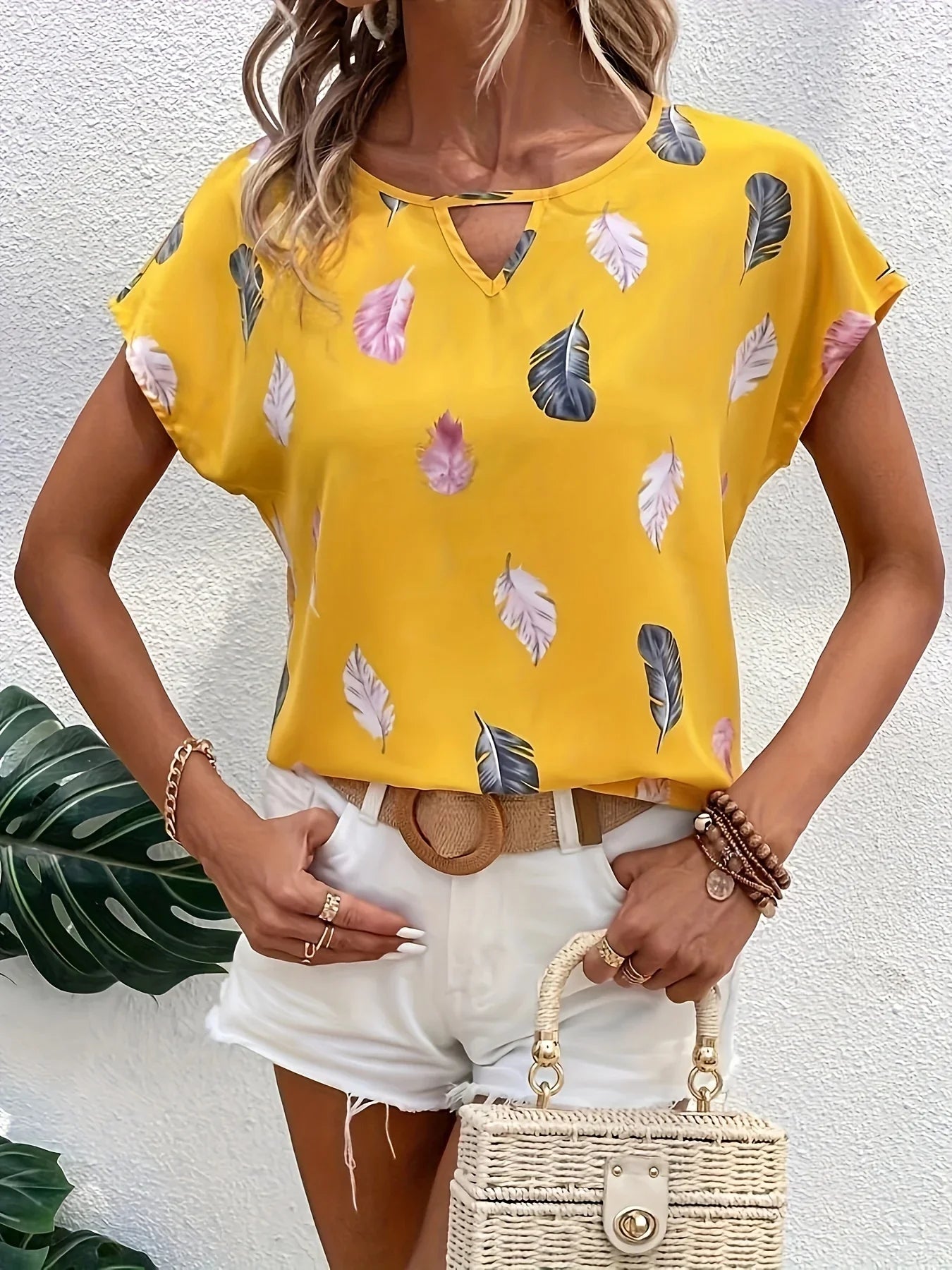 Federdruck-Rundhalsbluse Lässige Kurzarmbluse | tif-shop24.de