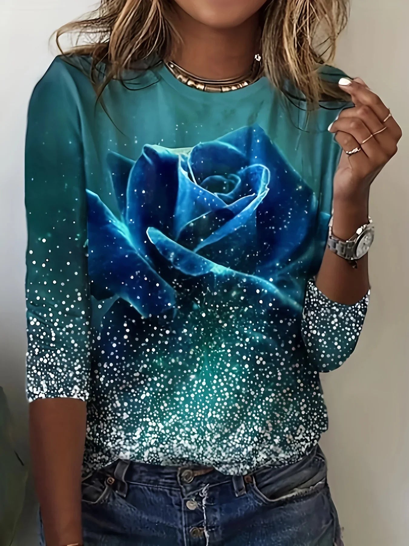 Rundhals-T-Shirt Mit Rosen-Print, Lässiges Langarm-Top Für Frühling Und Herbst, Damenbekleidung | tif-shop24.de