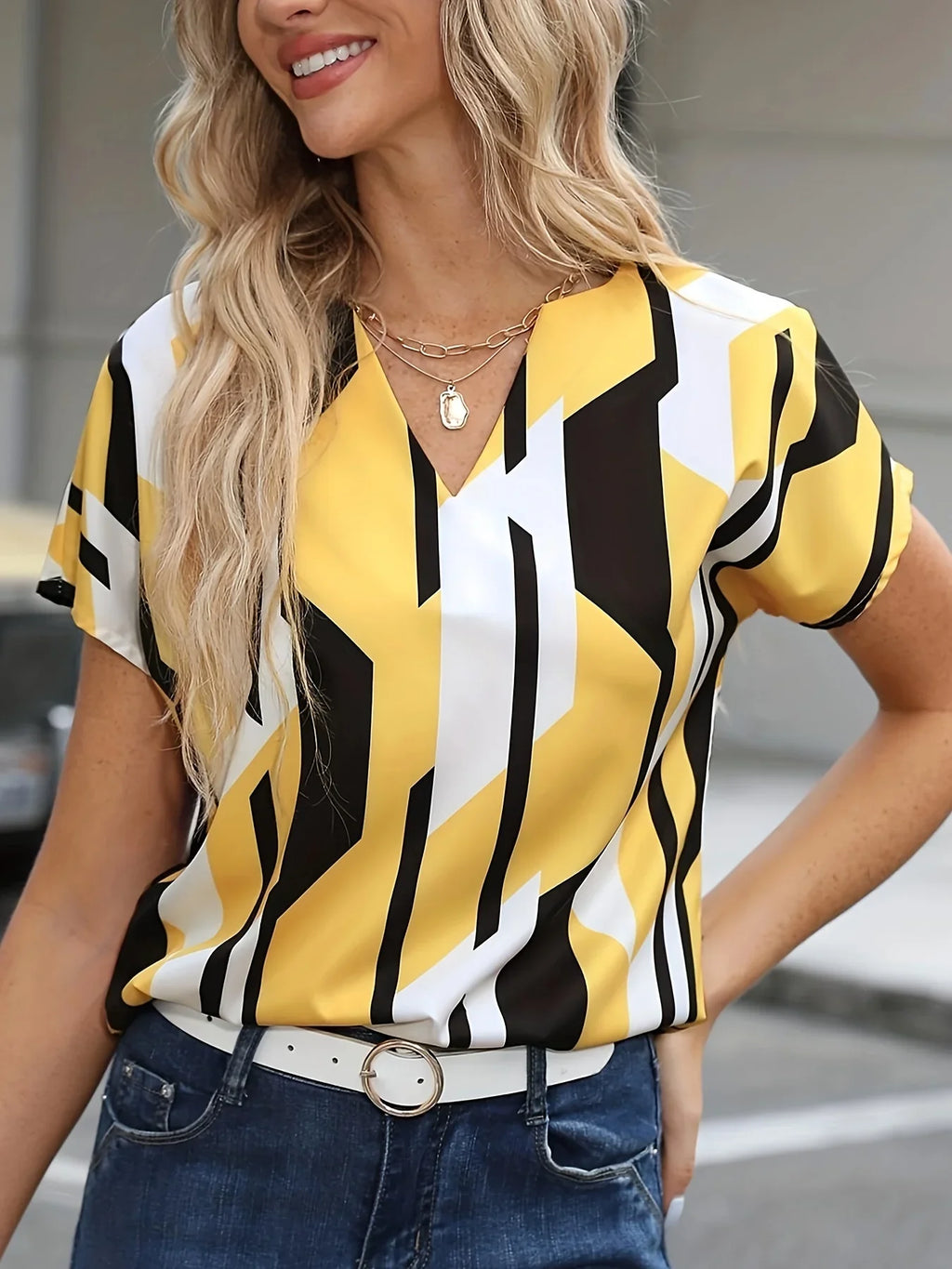 Color Block Graphic Print Bluse Notched Neck Casual Kurzarm Bluse | tif-shop24.de
