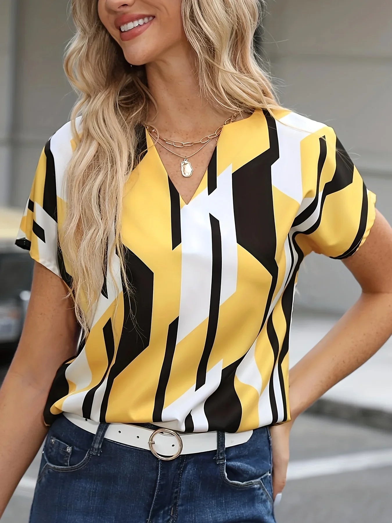Color Block Graphic Print Bluse Notched Neck Casual Kurzarm Bluse | tif-shop24.de