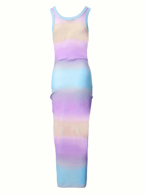Farbverlauf und Kordelzug Sexy Ärmelloses Kleid mit Spaltsaum und Rundhalsausschnitt - tif-shop24.de