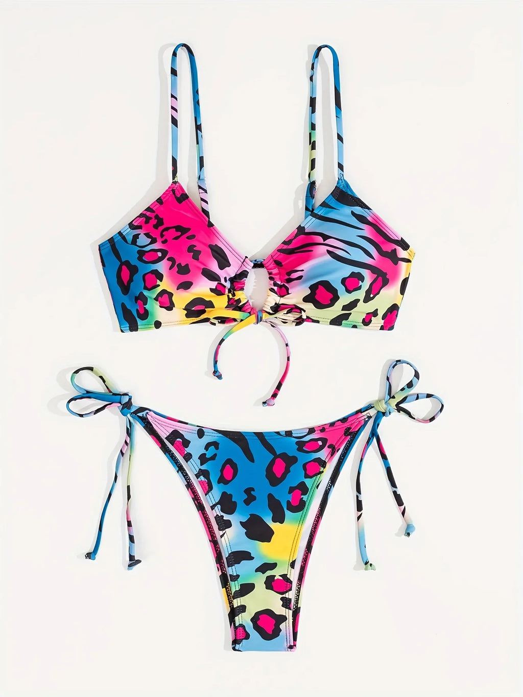 Bunter Leopard-Zebra-Druck, Seitlich Gebundener 2-teiliger Bikini, Ausgehöhlte, Dehnbare Badeanzüge Mit Spaghettiträgern - tif-shop24.de