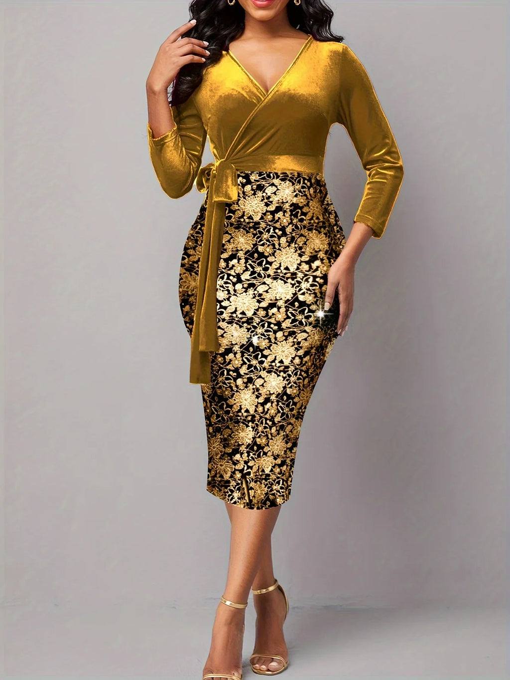 Florales Print Etuikleid, Elegantes Langarm-Surplice-Neck-Kleid | tif-shop24.de