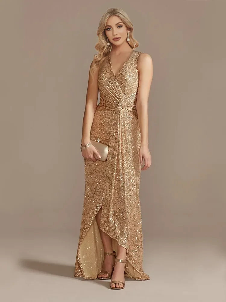 Luxury Floor Length V-Neck Evening Dress Elegant Slit Party Wedding Sequins For Formal Prom Cocktail Dress | tif-shop24.de