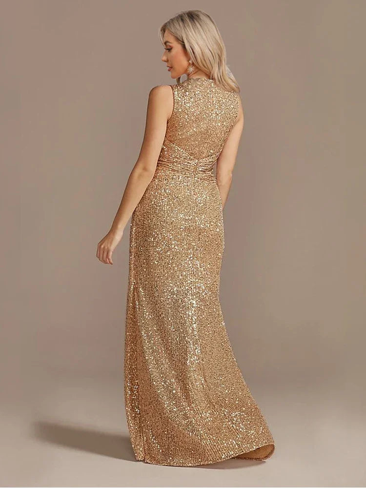 Luxury Floor Length V-Neck Evening Dress Elegant Slit Party Wedding Sequins For Formal Prom Cocktail Dress | tif-shop24.de