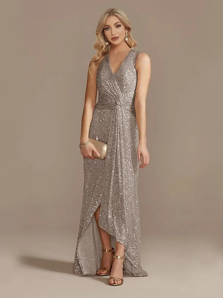 Luxury Floor Length V-Neck Evening Dress Elegant Slit Party Wedding Sequins For Formal Prom Cocktail Dress | tif-shop24.de