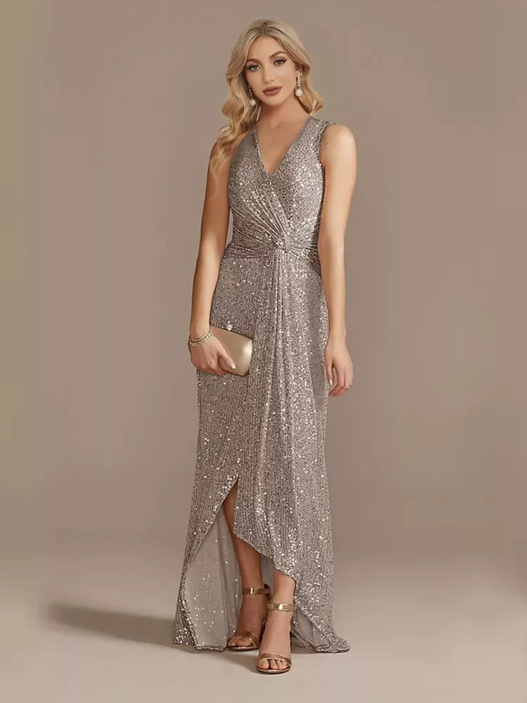 Luxury Floor Length V-Neck Evening Dress Elegant Slit Party Wedding Sequins For Formal Prom Cocktail Dress - tif-shop24.de