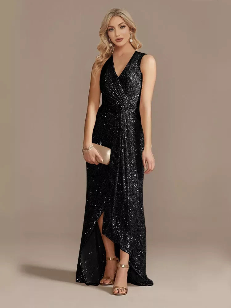 Luxury Floor Length V-Neck Evening Dress Elegant Slit Party Wedding Sequins For Formal Prom Cocktail Dress - tif-shop24.de