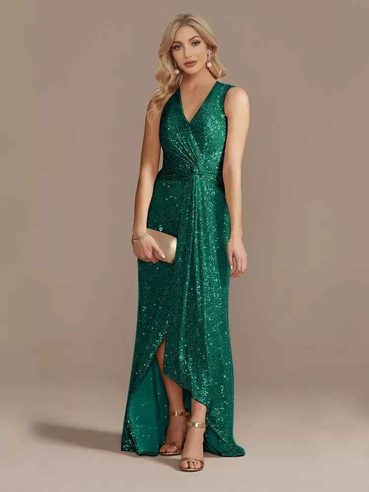 Luxury Floor Length V-Neck Evening Dress Elegant Slit Party Wedding Sequins For Formal Prom Cocktail Dress | tif-shop24.de