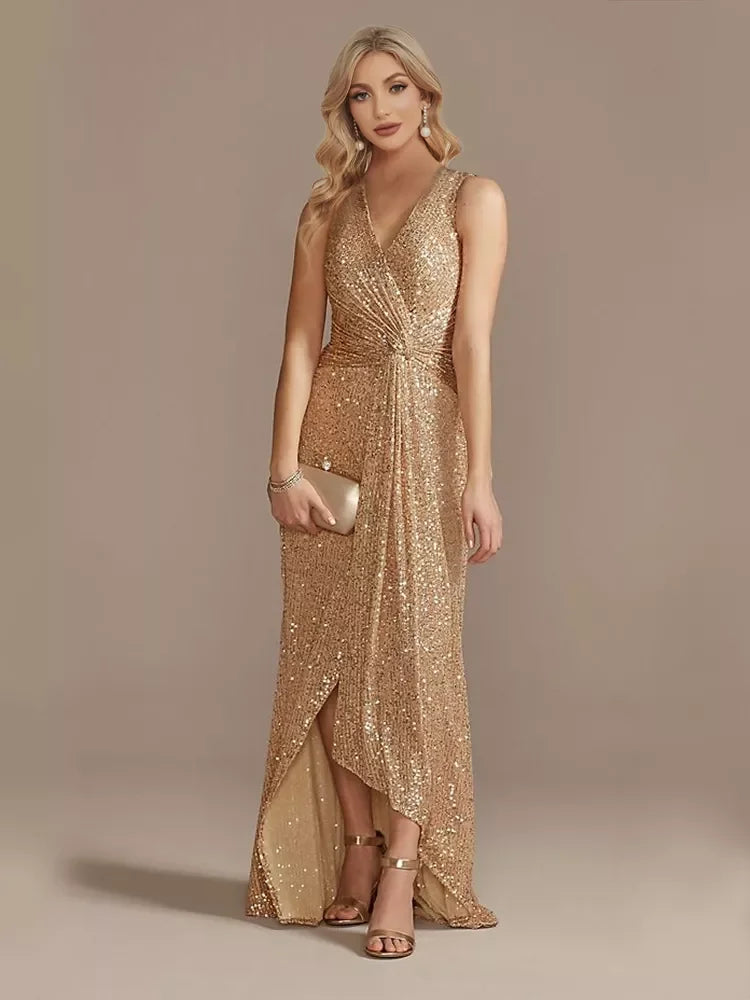 Luxury Floor Length V-Neck Evening Dress Elegant Slit Party Wedding Sequins For Formal Prom Cocktail Dress | tif-shop24.de
