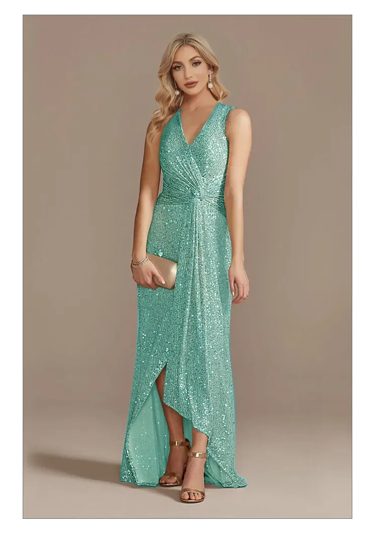 Luxury Floor Length V-Neck Evening Dress Elegant Slit Party Wedding Sequins For Formal Prom Cocktail Dress | tif-shop24.de