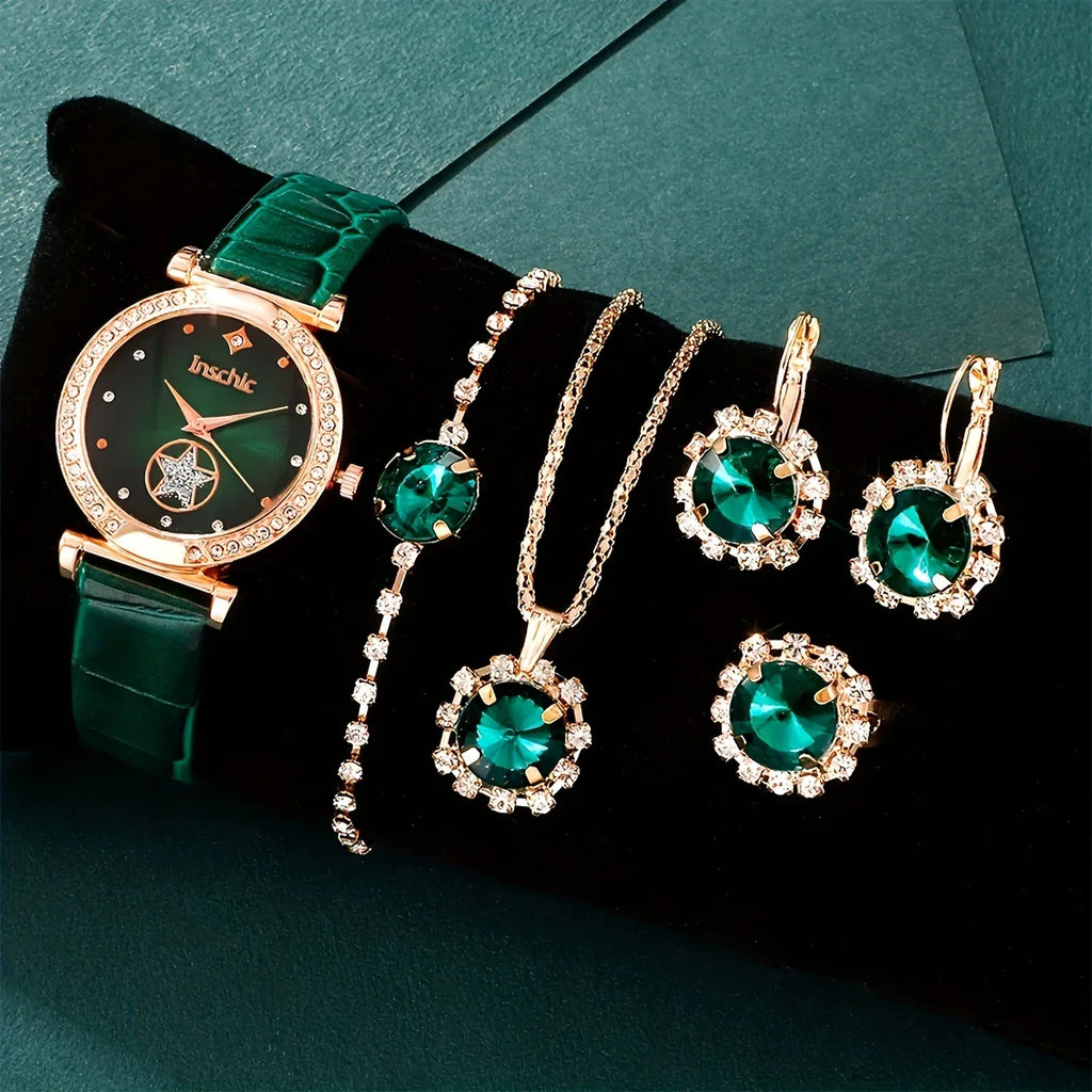6pcs Set Damen Luxus Strass Quarzuhr & Schmuck-Set — Vintage Star Analog Armbanduhr mit Halskette, Armband, Ohrringen und Ring | tif-shop24.de
