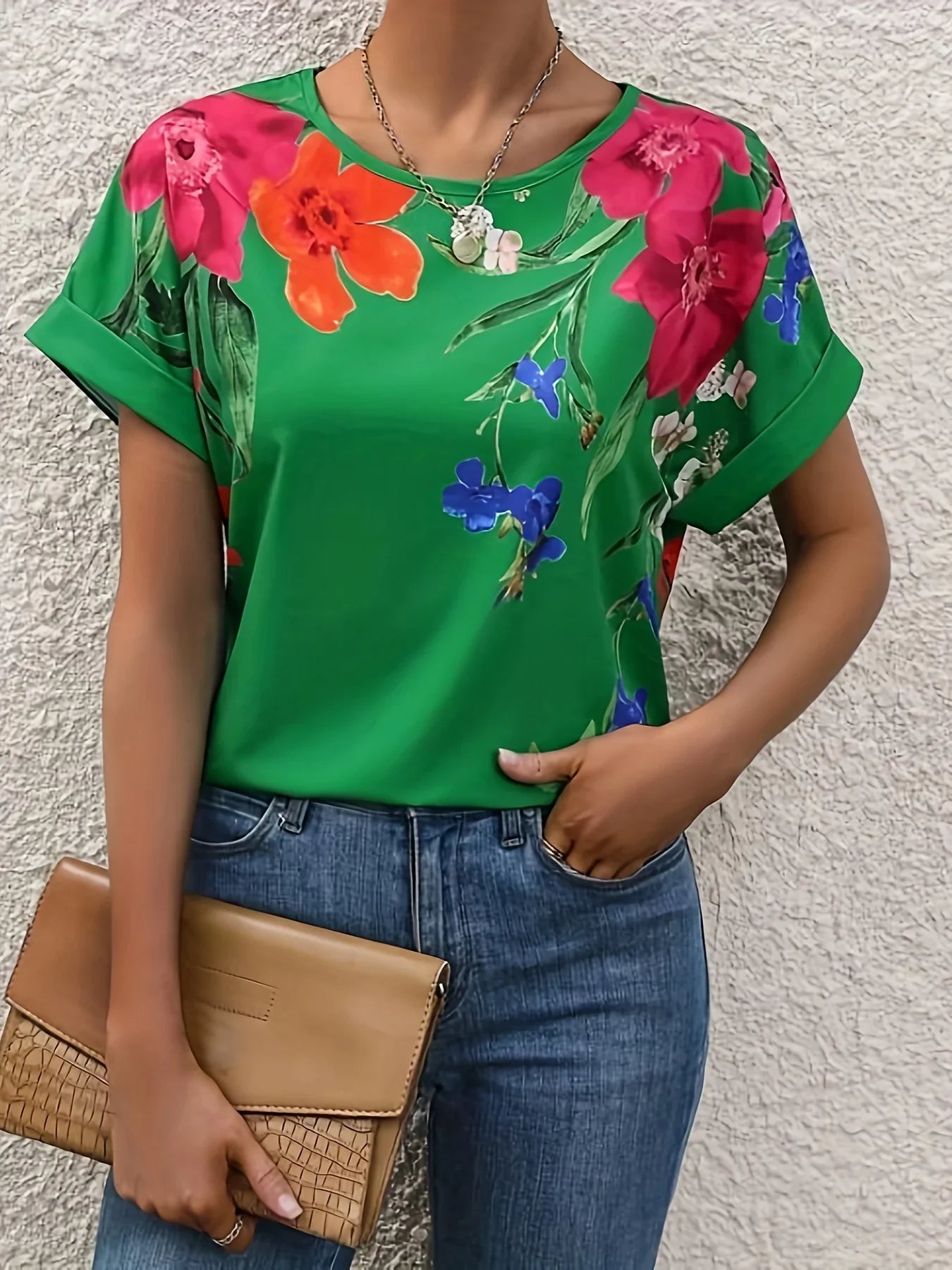 Floral Print Crew Neck Lässige Kurzarm Bluse | tif-shop24.de