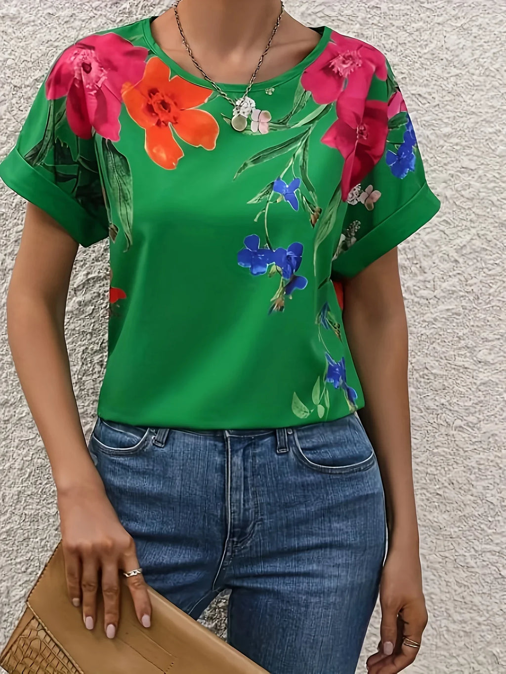 Floral Print Crew Neck Lässige Kurzarm Bluse | tif-shop24.de