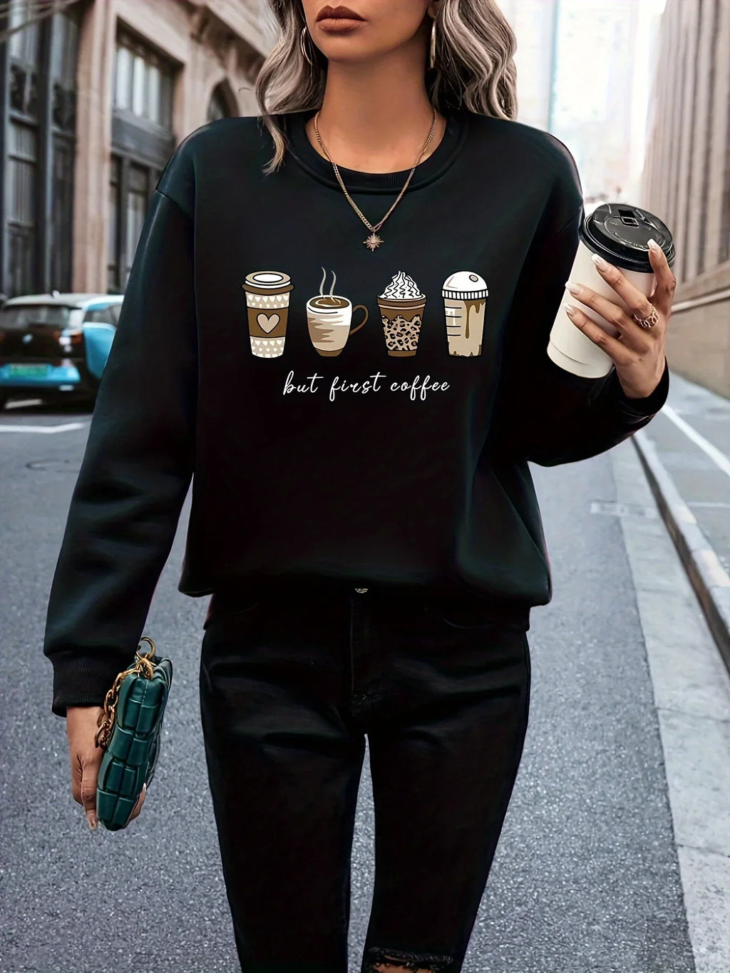 Mit Kaffee Und Buchstabendruck Lässiges Langarm Mit Rundhalsausschnitt Sweatshirt | tif-shop24.de