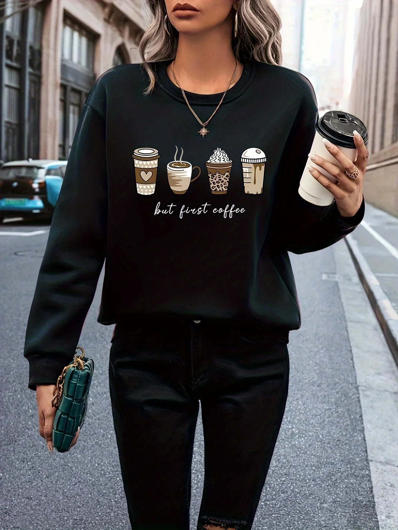 Mit Kaffee Und Buchstabendruck Lässiges Langarm Mit Rundhalsausschnitt Sweatshirt | tif-shop24.de