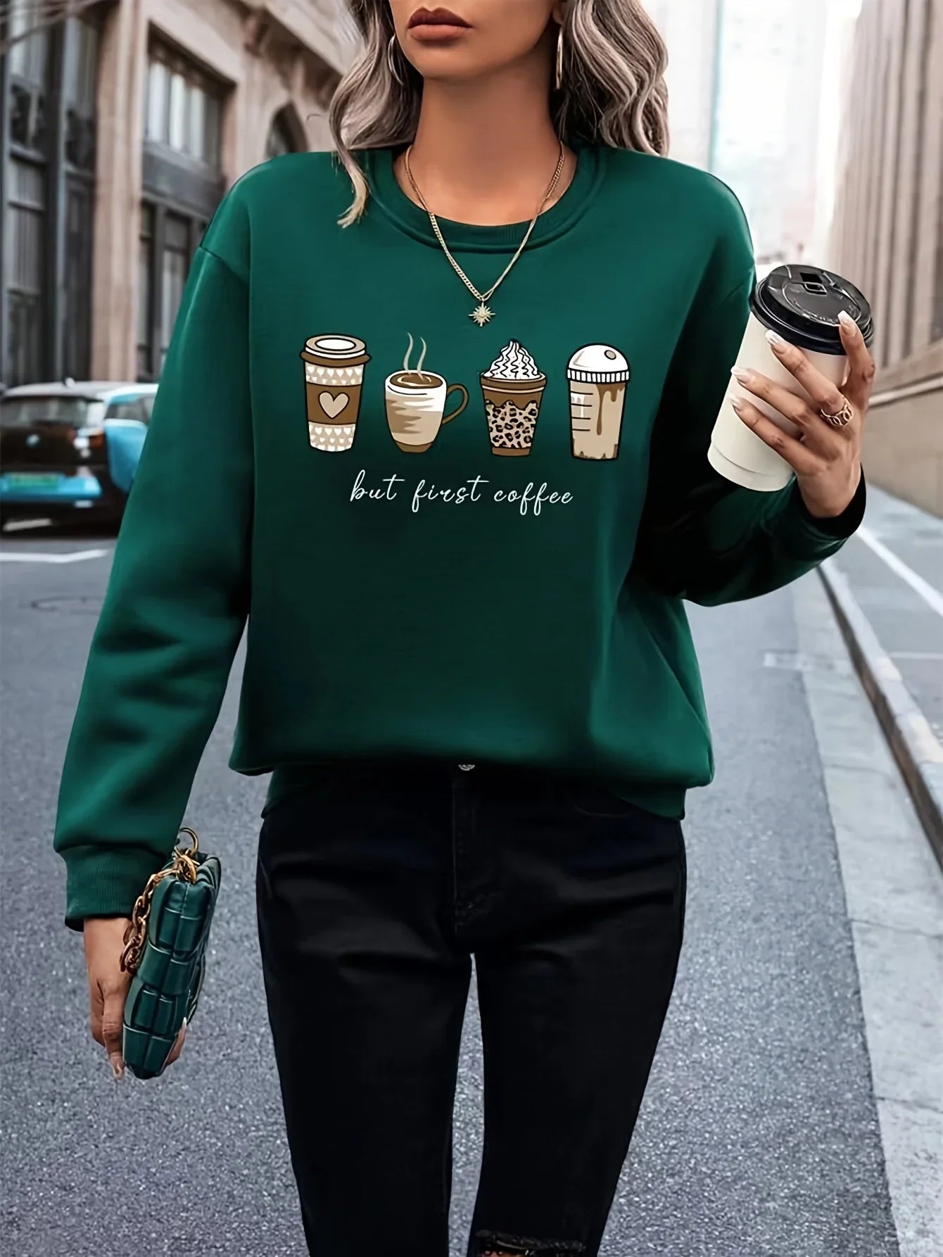 Mit Kaffee Und Buchstabendruck Lässiges Langarm Mit Rundhalsausschnitt Sweatshirt | tif-shop24.de