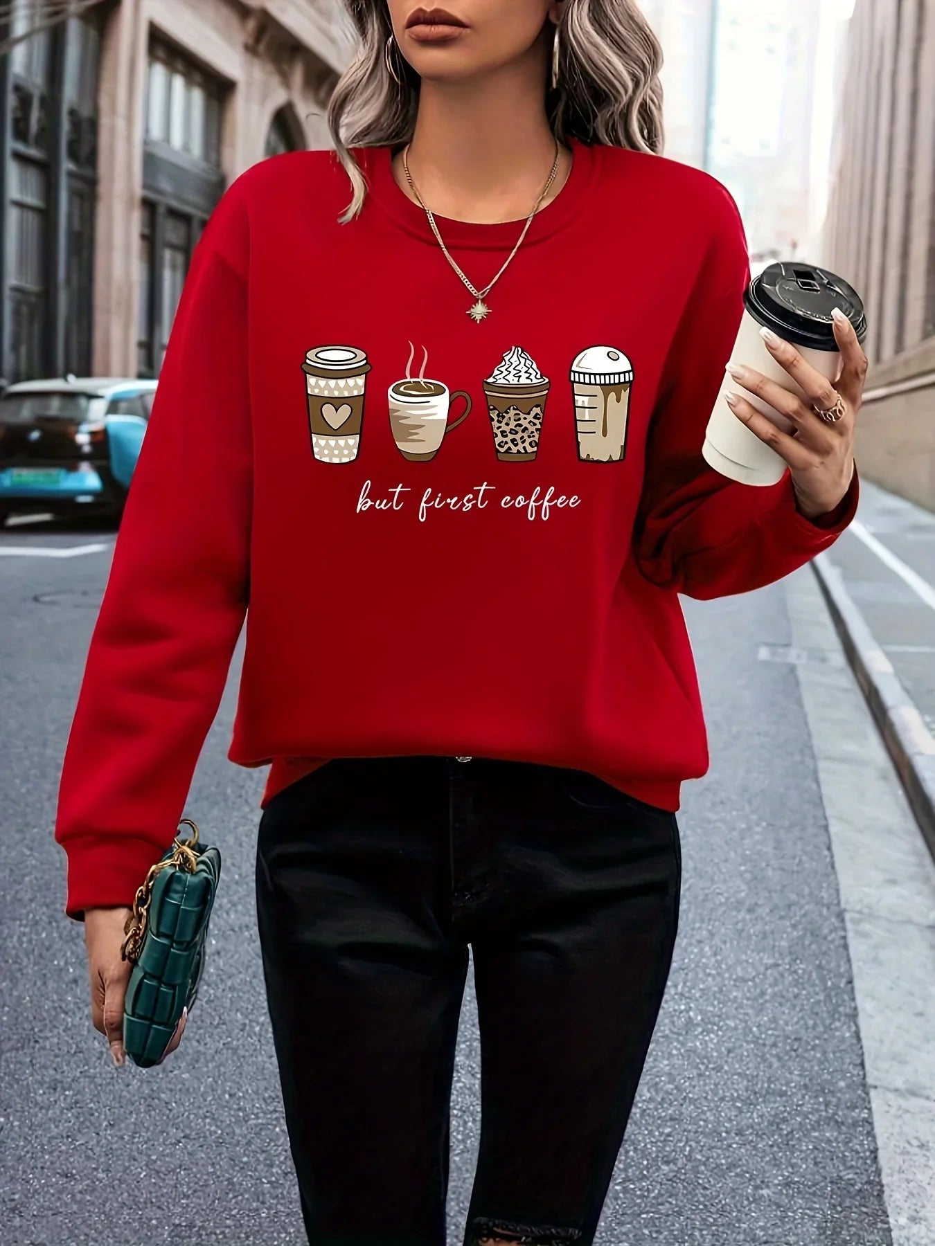 Mit Kaffee Und Buchstabendruck Lässiges Langarm Mit Rundhalsausschnitt Sweatshirt - tif-shop24.de
