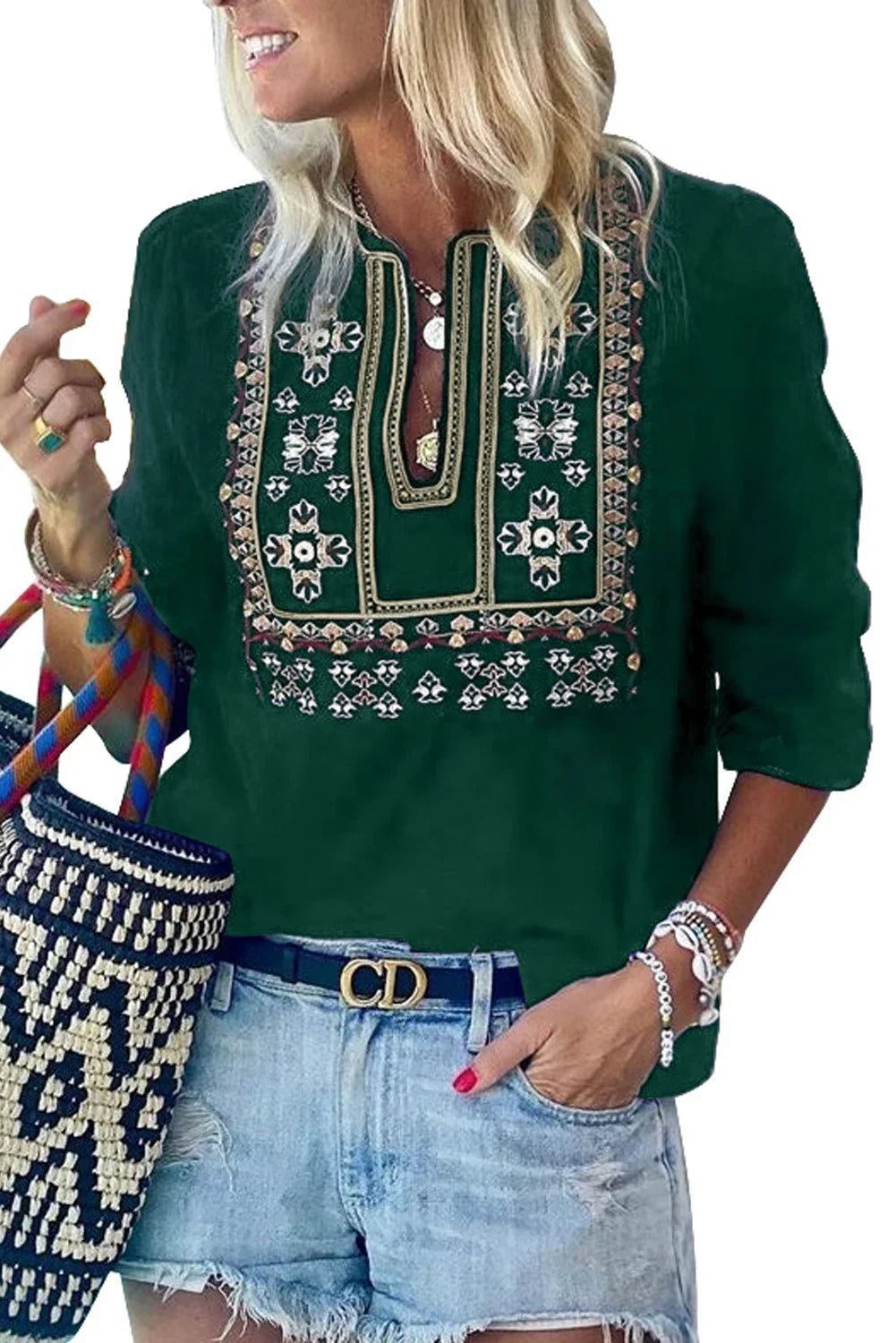 Gestickte Plissee-Bluse mit 3/4-Ärmeln – Elegant & Vielseitig - tif-shop24.de