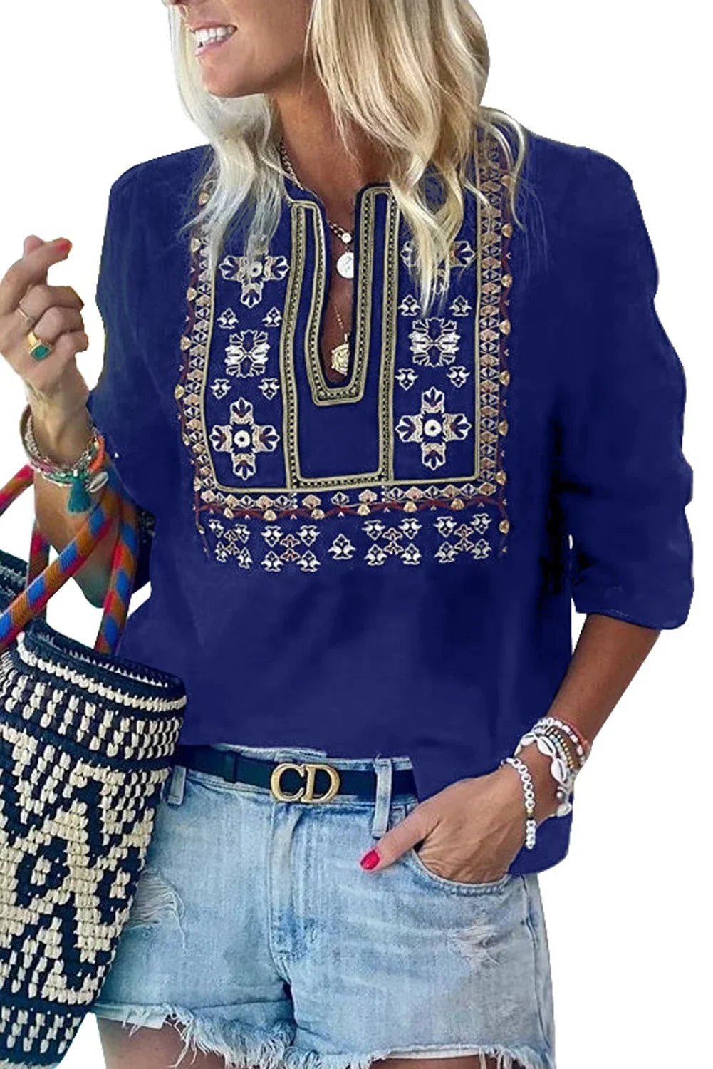 Gestickte Plissee-Bluse mit 3/4-Ärmeln – Elegant & Vielseitig - tif-shop24.de