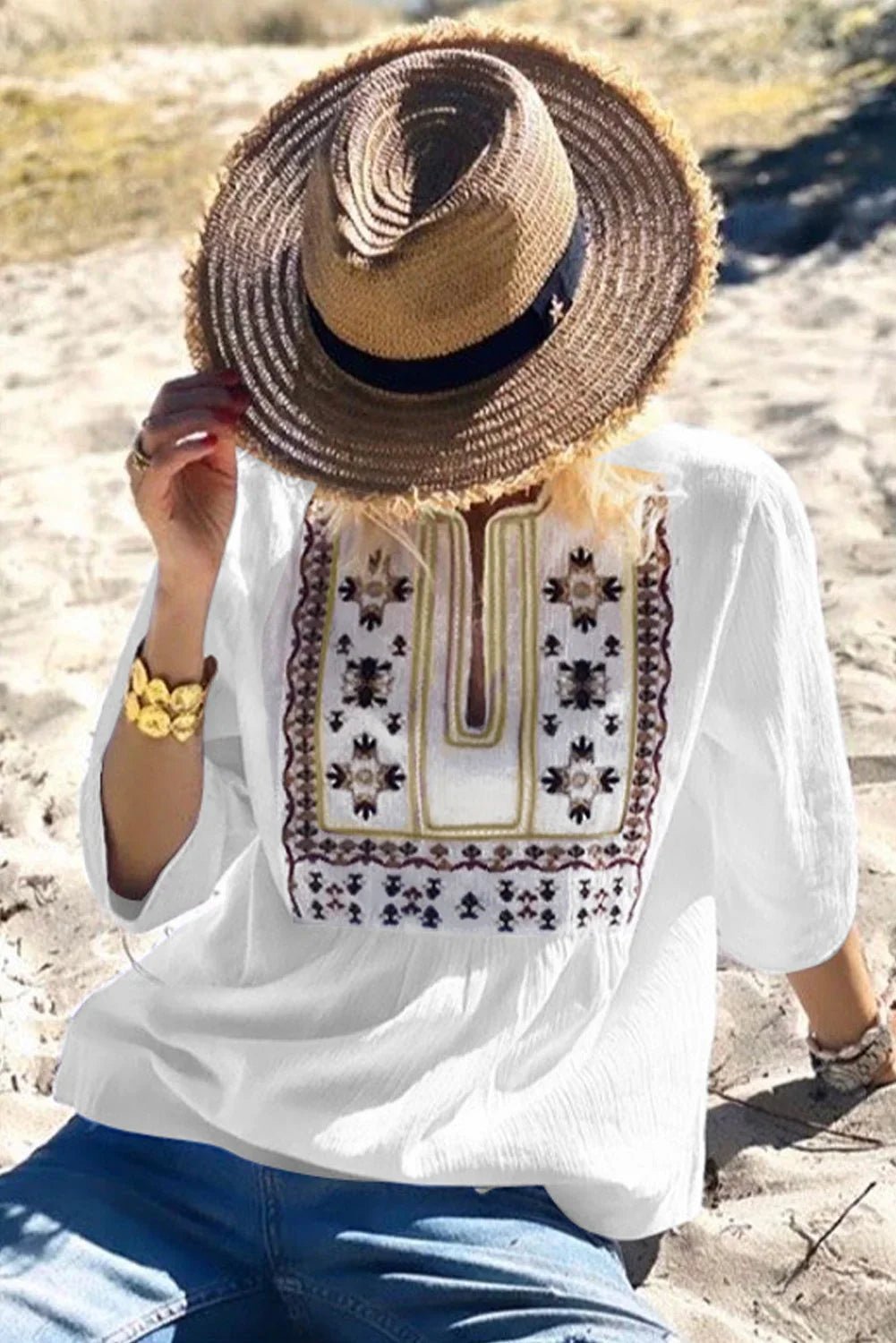 Gestickte Plissee-Bluse mit 3/4-Ärmeln – Elegant & Vielseitig | tif-shop24.de