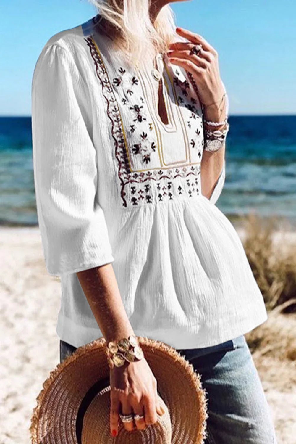 Gestickte Plissee-Bluse mit 3/4-Ärmeln – Elegant & Vielseitig | tif-shop24.de