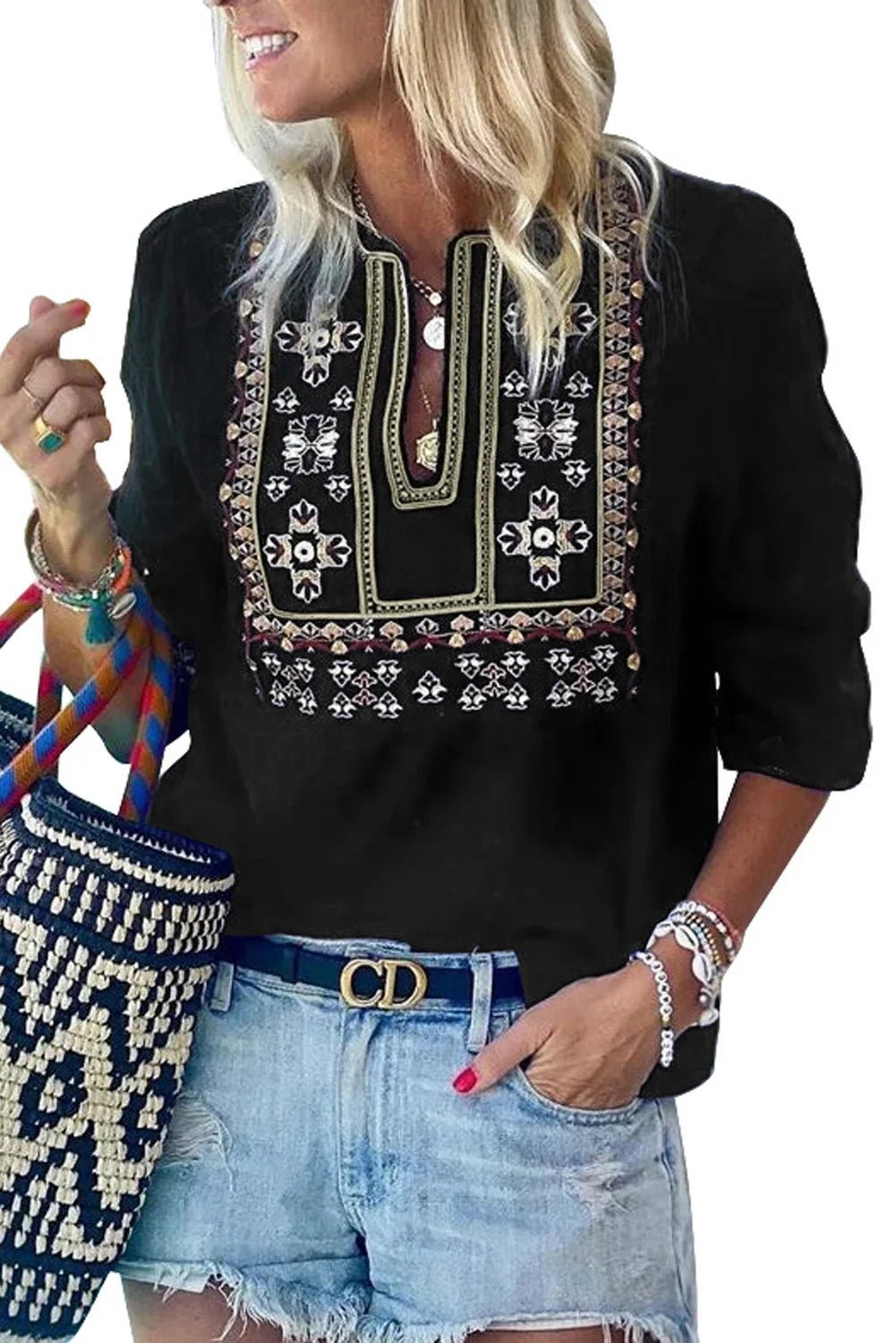 Gestickte Plissee-Bluse mit 3/4-Ärmeln – Elegant & Vielseitig | tif-shop24.de